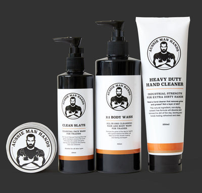 Essential Gift Box with all a man could need. Hand repair cream, charcoal face wash, hair and body wash plus hand cleaner.