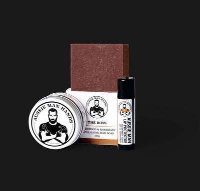 An essential gift box for men. Exfoliating soap, hand repair cream and a 15g lip balm